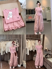 SeT981-Set hồng áo tăm mix quần bom gấu chất gió