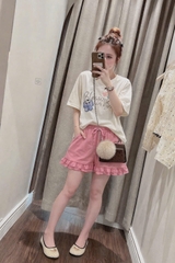 SET916-Set áo thun trắng in nơ phối quần short bèo hồng