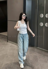 QUAN011-Quần jeans suông nhạt rách 1 lệch dài chuẩn 100cm