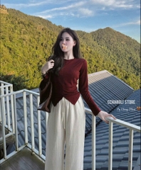 A366-Áo thun giấy dài tay xếp ly 2 màu đỏ đen