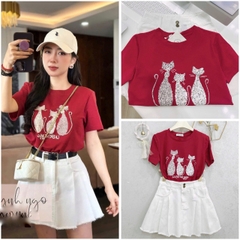 SET739-Bộ dạo phố áo thun Mèo đỏ phối chân váy jean trắng