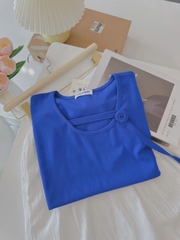 SET651-Set áo thun xanhcách điệu phối chaanvays midi trắng thô