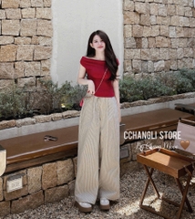 SET390-Set áo trễ vai đỏ phối quần suông kẻ