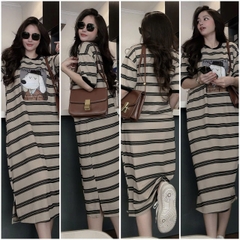 Dam164- Đầm suông cotton màu xanh rêu kẻ ngang in Cún