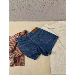 QUAN117- quần short Jeans xanh đậm mác da