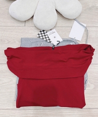 SET390-Set áo trễ vai đỏ phối quần suông kẻ