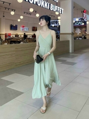 Đầm hai dây buộc nơ lưng 2 màu trắng,xanh