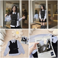 A149-Áo kiểu nữ kẻ sọc phối đai eo