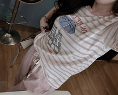 Set716- Set COAST hồng kẻ mix quần bom gió