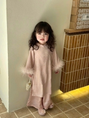 SETKID058-SET ÁO DÀI BÉ GÁI LỤA HỒNG VIỀN LÔNG FORM 9-27kg