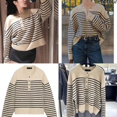 A447- Áo len be kẻ đen phối cúc hàng nhà máy đủ tem mác