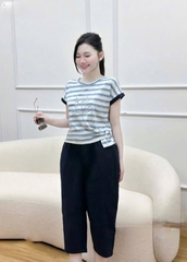 Set729-Set mặc nhà áo thun giấy phối quần lửng pha gió cạp chun
