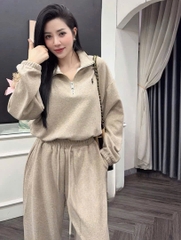 SET812- Bộ mặc nhà áo nỉ díp lông kéo khoá phối quần suông màu nâu