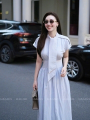 Dam123- Đầm midi dáng dài kẻ xanh nơ cổ