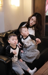 SET771- Bộ mặc nhà gia đình  áo thun quần kẻ suông dài đen trắng