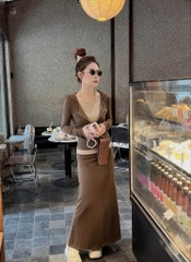 Set1047- set áo díp nâu phối chân váy midi dài