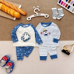 BT1081- Set 2 bộ thun díp dài tay xanh trắng kẻ Cute bé trai