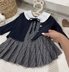 Setkid03- Set áo than mix đầm kẻ zic zắc bé gái hàng thiết kế