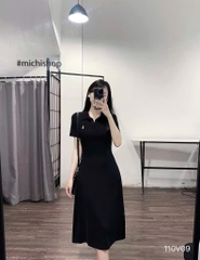 DAM114- đầm polo dáng xoè thêu ngựa màu than dài 115cm