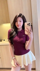 A622-Áo len polo cộc tay thêu cá màu đỏ mận hàng nhà máy đủ tem