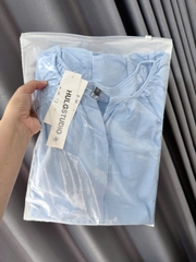 SET912-Set đũi linen màu xanh trơn áo tay lỡ bồng