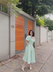 Đầm xốp hạt cổ vuông tay bồng cup ngực buộc dây lưng 2 màu