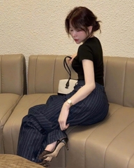Quan056- quần suông Jeans  kẻ xanh chất mềm tem mác da