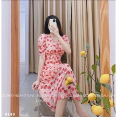 Đầm hoa  hoa hồng cổ V 2 lớp bắn  cúc ngọc