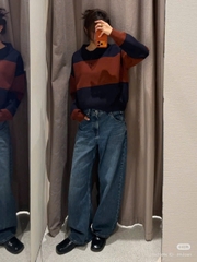 469-áo len cổ polo kẻ ngang cam đỏ phối than full tem