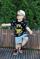 BT542 - Bộ áo cotton đen Badman mix quần nỉ mì màu ghi