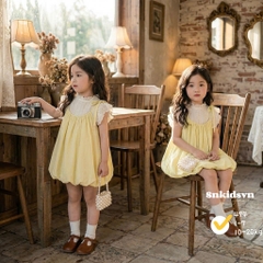 Damgai04-Đầm dây bồng chân mix áo tơ cộc tay 2 màu hồng-vàng