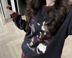 Set840- Bộ nỉ haida đen phối quần dạ kẻ suông