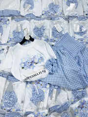 Set678- Set Áo phông mix chan vay xoè kẻ xanh kèm khăn