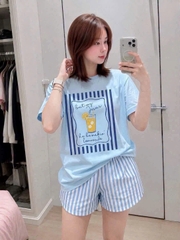 SET1017-Set thun cộc áo kẻ xanh phối quần short