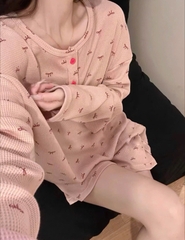 Set1042- Bộ pijama mặc nhà nơ hồng vải tăm mềm