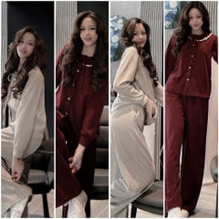Set834- Set pijama mặc nhà vải díp lông phối cổ ren 2 màu nâu đỏ