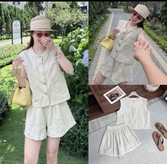 Set871-set áo linen gile phối ren kèm quần short