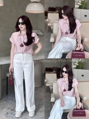 🍀A255-  SƠ MI GU TÚI BÊN TAY vạt đính cúc 2 màu