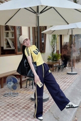 set746- SET áo thun cộc tay phối quần suông dài sọc thân