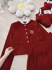SET403-Set nhung lì áo huy hiệu thêu phối chân váy xếp ly có lót
