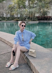 SET989-Set sơ mi kẻ xanh thêu chữ trắng quần đùi cạp chun có túi
