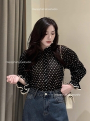 A138-Áo sơ mi nữ voan đen chấm bi vintage