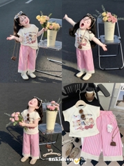 Damgai06-SEt áo thun nơ nhồi mix quần suông kẻ hồng chân ren