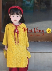 SETKIS061-Set áo dài bé gái màu vàng viền đỏ chất lụa kèm mấn