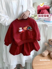 Bt763- Bộ nỉ lông màu đỏ chấm bi noel bé gái
