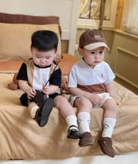 CB291- combo 2 bộ tổ ong màu trắng nâu bé trai cổ trụ