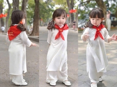 BT555- Bộ áo dài trắng bé gái tặng kèm tag cài + khăn thêu đỏ