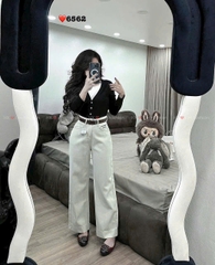QUAN023-QUẦN JEANS suông màu be thêu chữ túi sau dáng dài 95cm