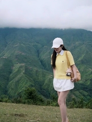 A383- Áo len cộc tay dệt kim vàng tươi