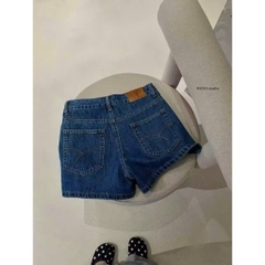 QUAN117- quần short Jeans xanh đậm mác da